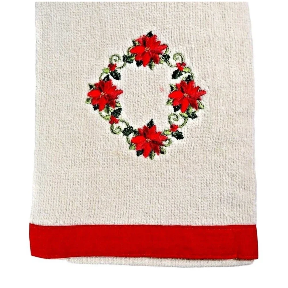 Poinsettia Hand Towels Cotton Embroidered Floral Red Green Holiday 3-pc Gift NEW